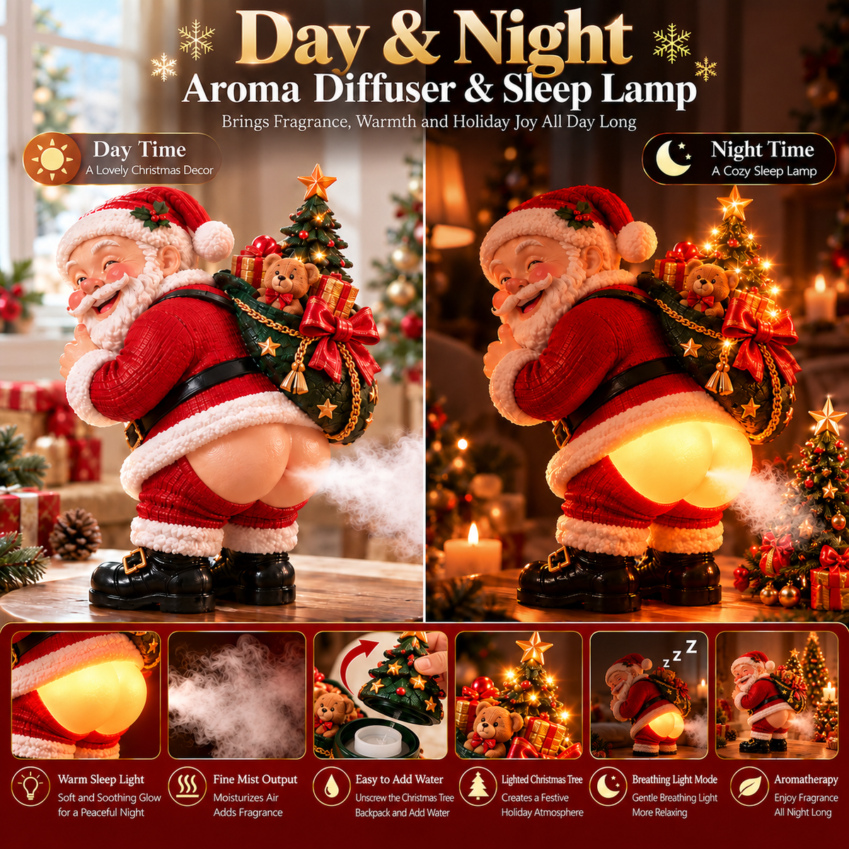 🎅💨 Cheeky Santa™ – Funny Christmas Mist Diffuser & Warm LED Night Light | 3 Lighting Modes