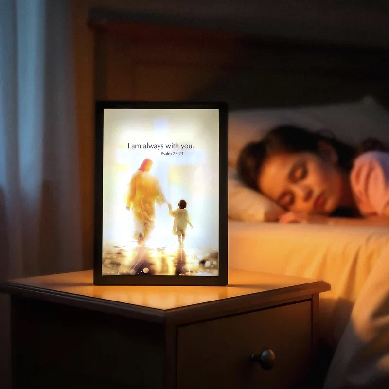 A calming bedside setting with the Jesus lamp