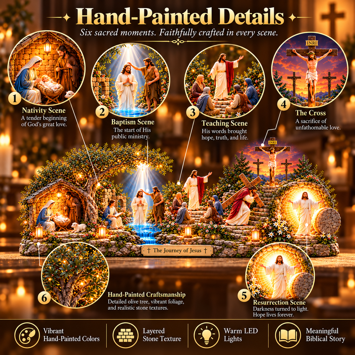 ✝️✨ The Journey of Jesus™ – Lighted 3D Biblical Story Centerpiece | Six Sacred Moments of Faith