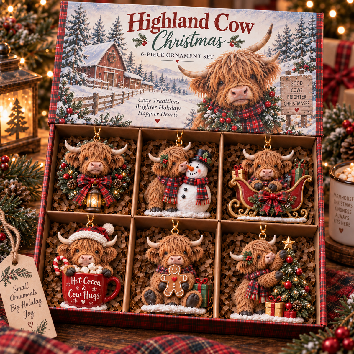 🎄🐮 Highland Hugs™ – Adorable Highland Cow Christmas Ornaments | 6 Festive Designs