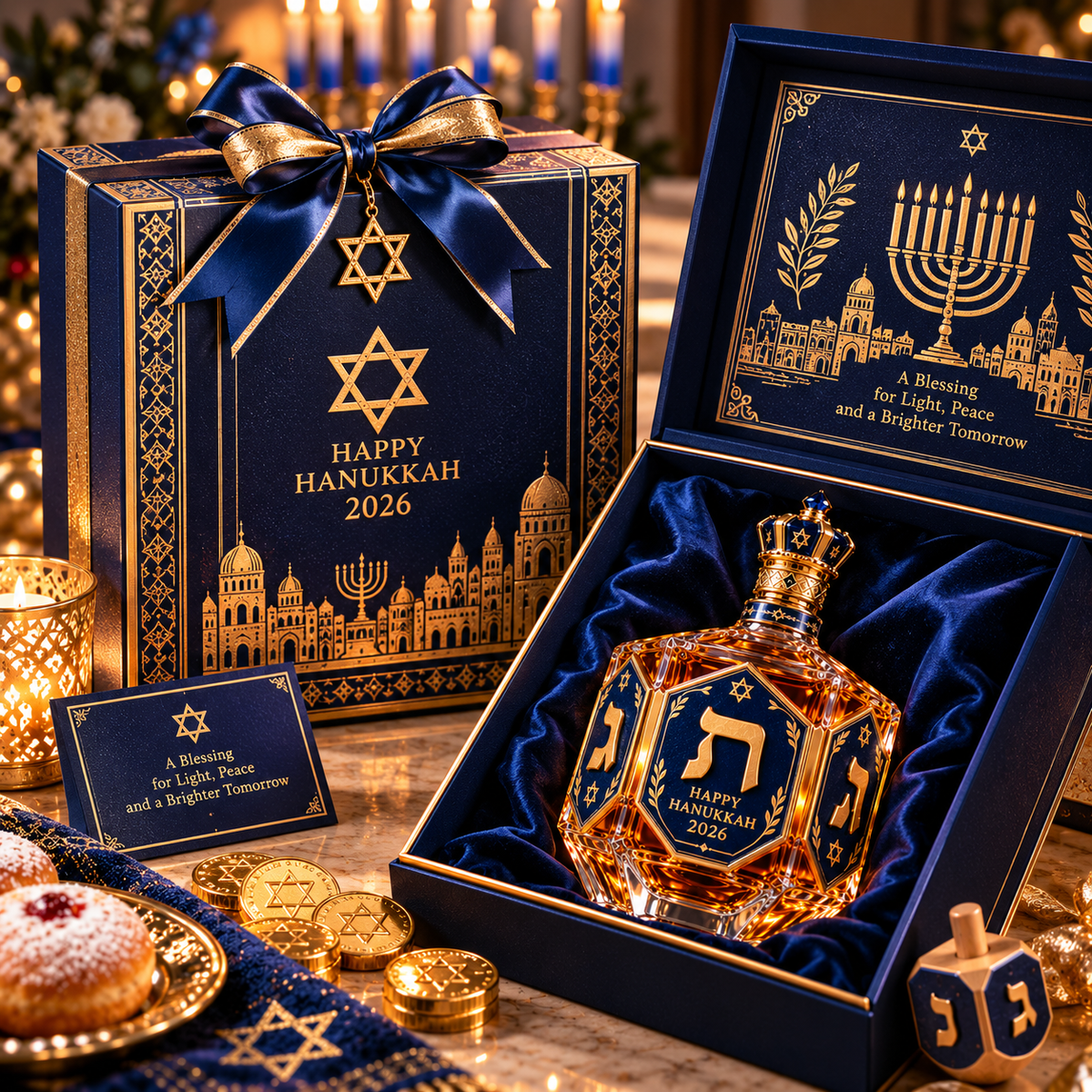 ✡️ Hanukkah Heritage™ 2026 – Royal Blue & Gold Decanter Bottle | Dreidel-Inspired Holiday Keepsake
