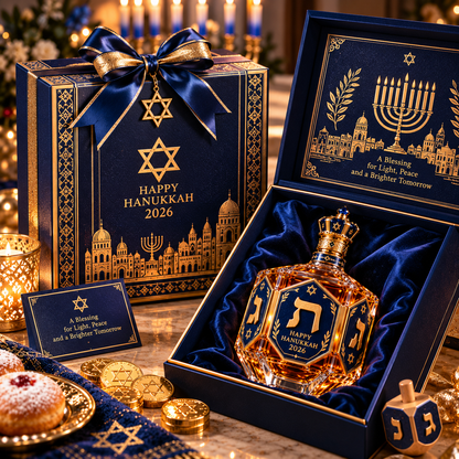 ✡️ Hanukkah Heritage™ 2026 – Royal Blue & Gold Decanter Bottle | Dreidel-Inspired Holiday Keepsake