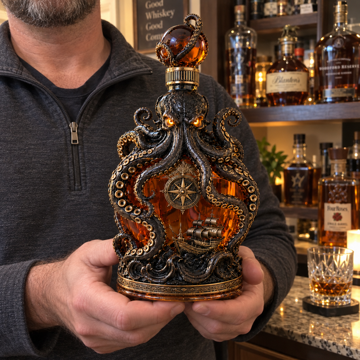 🐙 Kraken Voyage™ – Sculpted Octopus Whiskey Decanter | Gothic Nautical Bar Showpiece