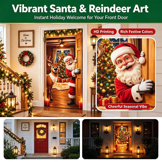 ✨🦌Christmas Door Cover - Stretch Fit Santa & Reindeer Door Decoration with 4-Side Elastic Edges🎅