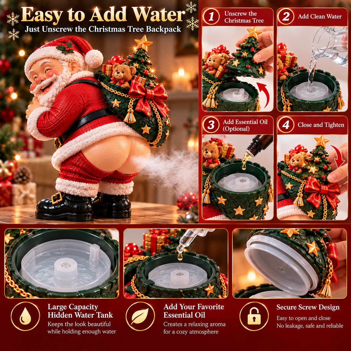 🎅💨 Cheeky Santa™ – Funny Christmas Mist Diffuser & Warm LED Night Light | 3 Lighting Modes