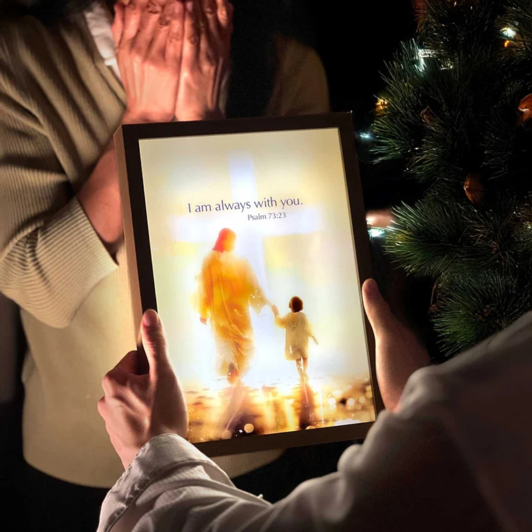 Handcrafted The Jesus Lamp 'I Am Always With You' glowing in a peaceful room