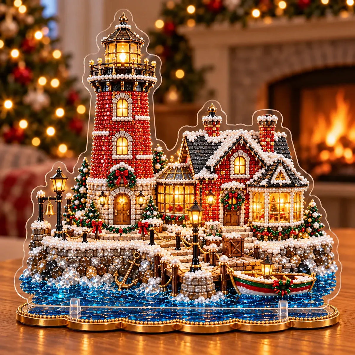 ✨ Premium Pearl Christmas Lighthouse Diamond Painting Art Kit | Luxury Flocked Canvas with Scratch-Resistant Non-Fading Pearl Beads DIY Holiday Decor 🎅⛄️❄️