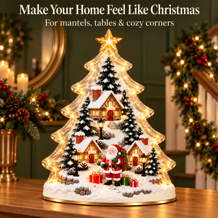 Lighted Christmas village tree on an entryway console beside a decorated staircase