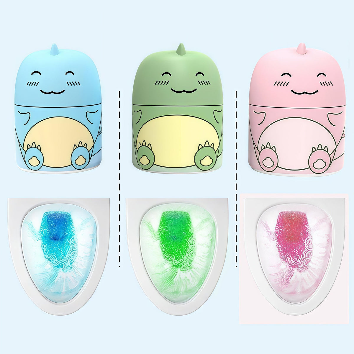 Blue ocean, green jasmine, and pink peach dinosaur toilet cleaners