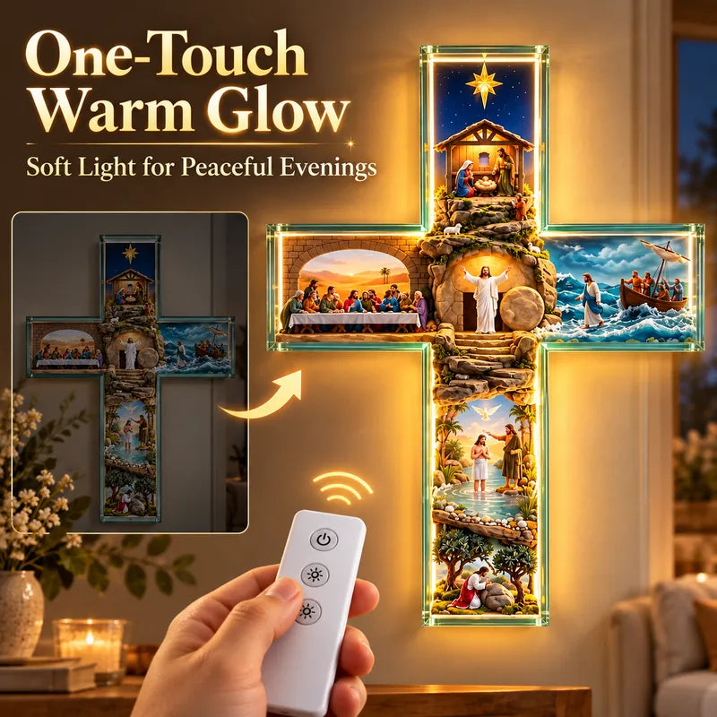 ✝️✨ His Story Cross – 3D Biblical Wall Cross with 6 Sacred Scenes | Lighted & Classic Options