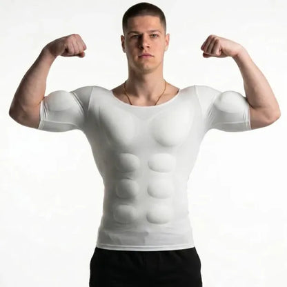💪Men's Removable Padded Compression Shirt – Muscle Shaper Bodybuilder Tee, Seamless Short Sleeve, Slim Fit, 4-Way Stretch