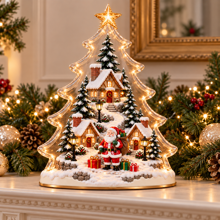 Christmas village tree on an ivory mantel surrounded by evergreen garland