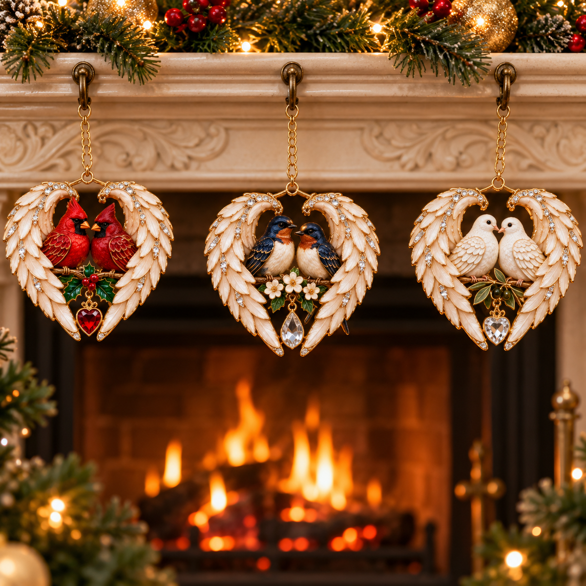 Angel wing bird ornaments displayed beneath a Christmas mantel