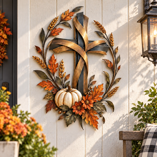 Autumn Cross & Pumpkin Harvest Metal Wall Decor