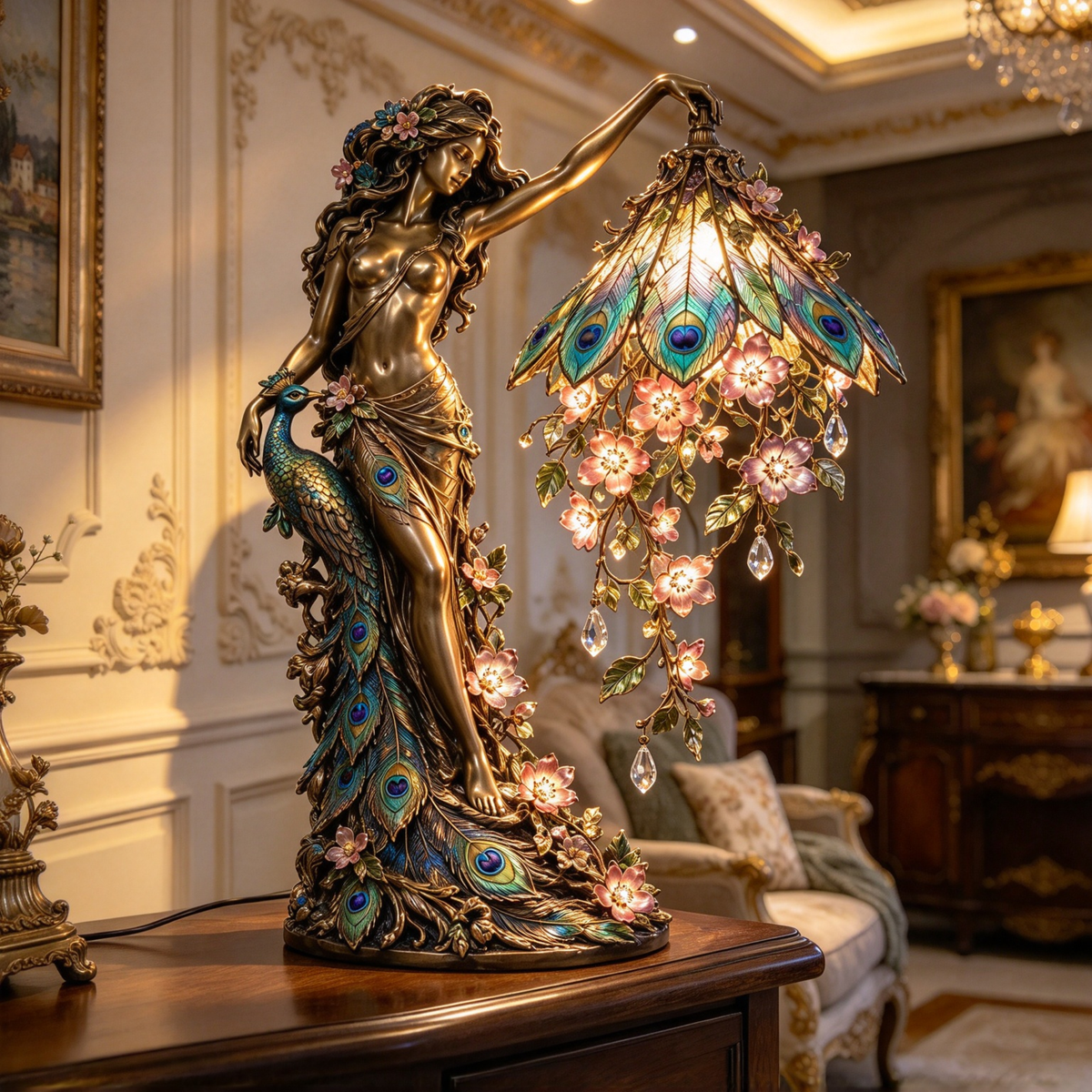 🦚 Peacock Goddess Stained Glass Table Lamp ✨