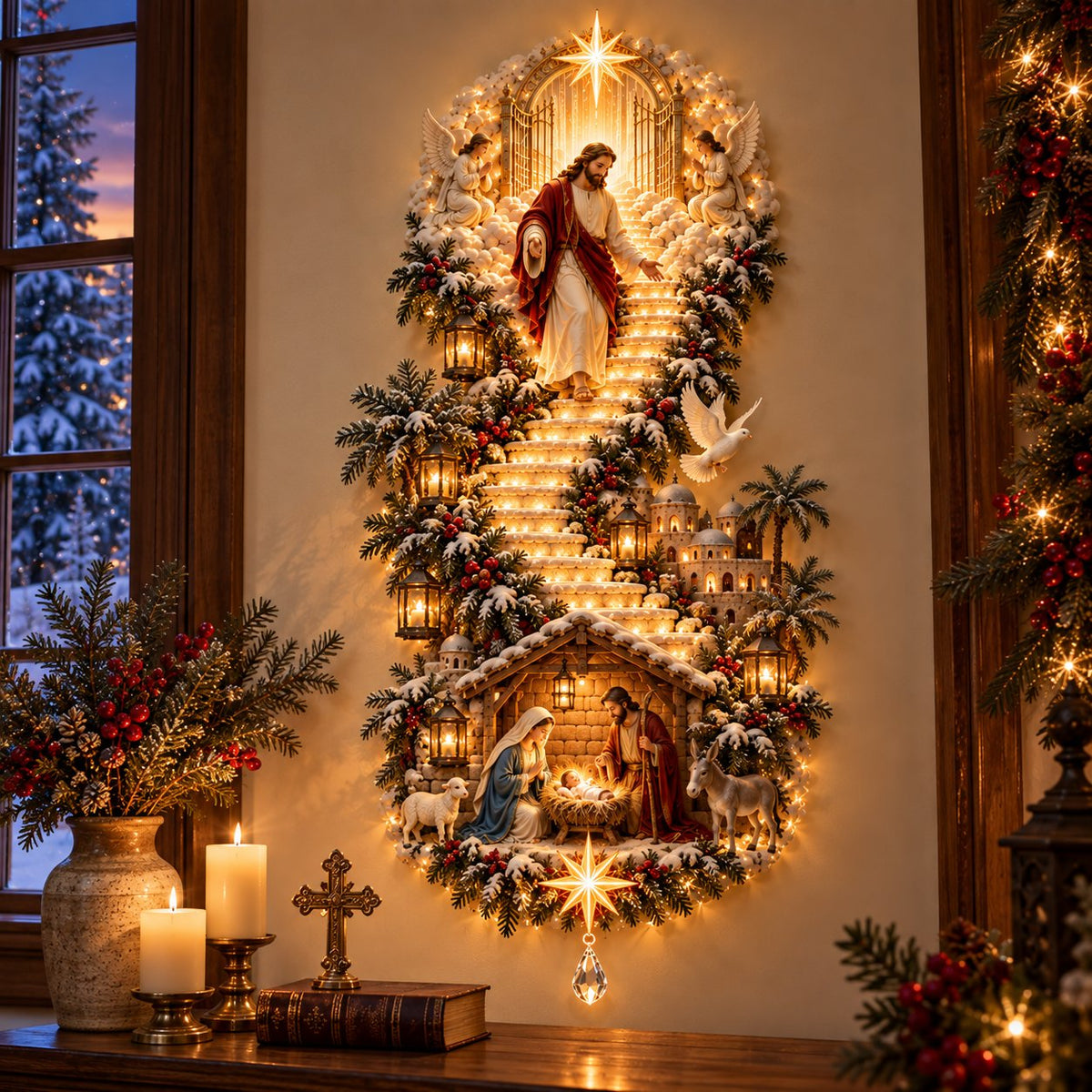 ✝️ Heaven’s Path™ – Illuminated Jesus & Nativity Stairway Christmas Wall Light