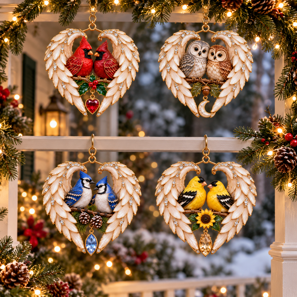 Four angel wing heart ornaments decorating a festive window