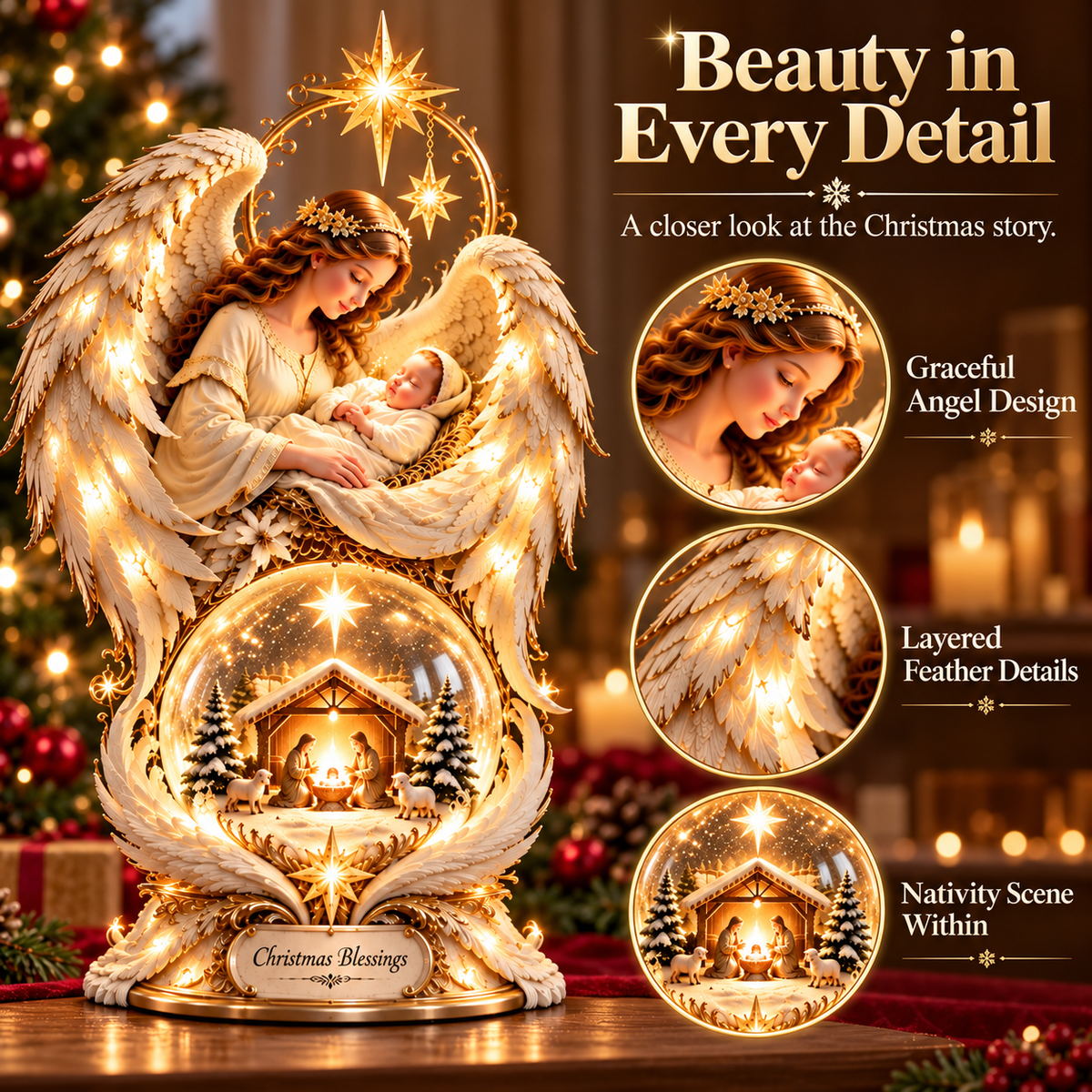 ✨ Christmas Blessings Light-Up Angel & Nativity Christmas Centerpiece