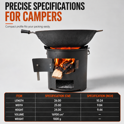 🔥 Heavy-Duty Camping Stove: Carbon Steel, Wood & Charcoal, High-Draft Airflow, 3-in-1 Cook
