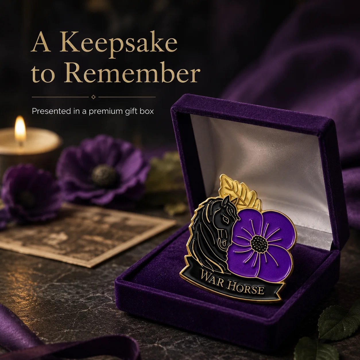 War Horse Purple Poppy brooch displayed as a keepsake