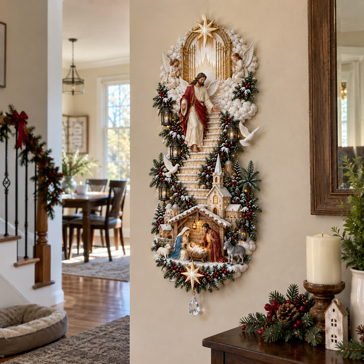 ✝️ Heaven’s Path™ – Illuminated Jesus & Nativity Stairway Christmas Wall Light