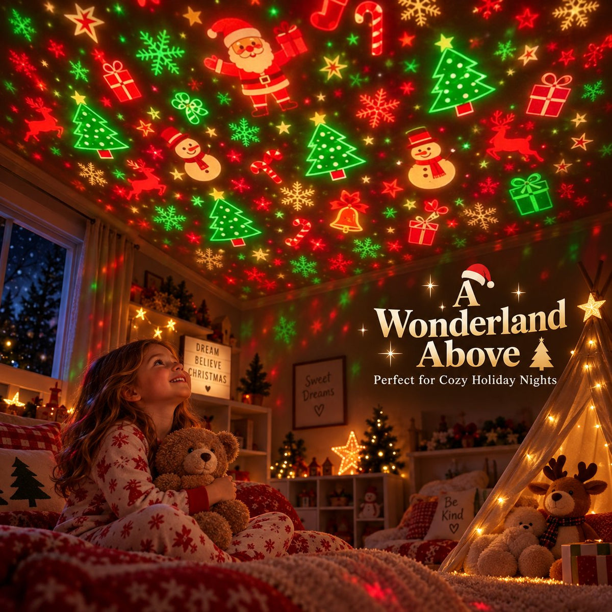 Cozy bedroom scene with colorful Christmas projections overhead