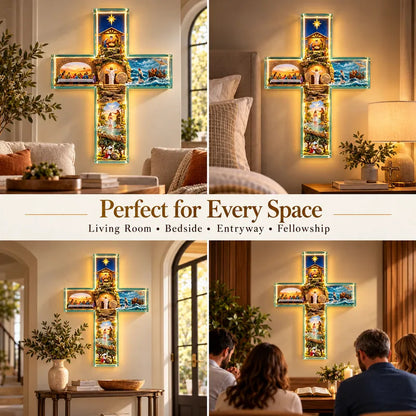 ✝️✨ His Story Cross – 3D Biblical Wall Cross with 6 Sacred Scenes | Lighted & Classic Options
