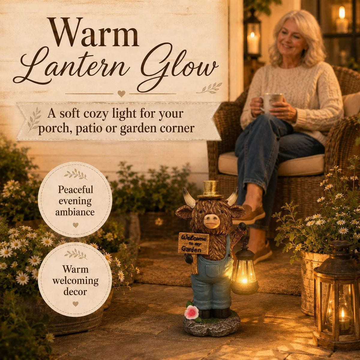 Handcrafted Highland Cow Solar Garden Lantern Statue