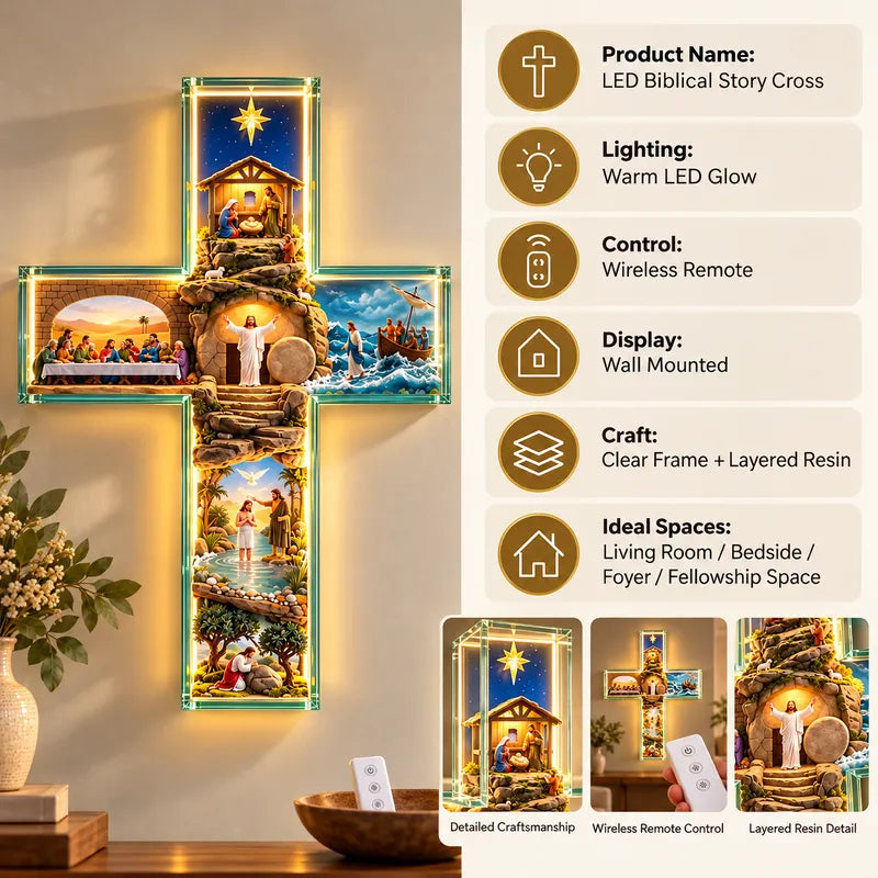 ✝️✨ His Story Cross – 3D Biblical Wall Cross with 6 Sacred Scenes | Lighted & Classic Options