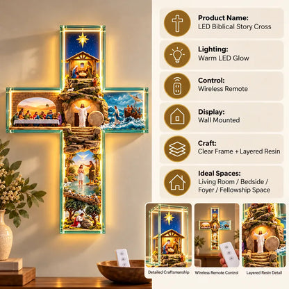 ✝️✨ His Story Cross – 3D Biblical Wall Cross with 6 Sacred Scenes | Lighted & Classic Options