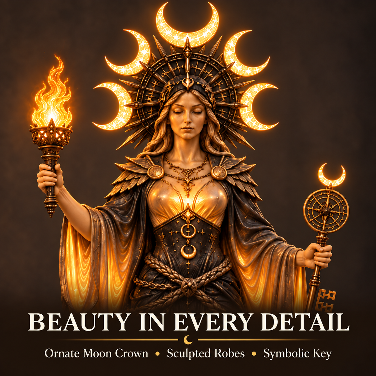 🌙🔥 Hecate Goddess Guardian Statue | Lighted Triple Moon Goddess with Twin Hounds, Torch & Key