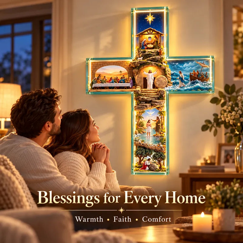 ✝️✨ His Story Cross – 3D Biblical Wall Cross with 6 Sacred Scenes | Lighted & Classic Options