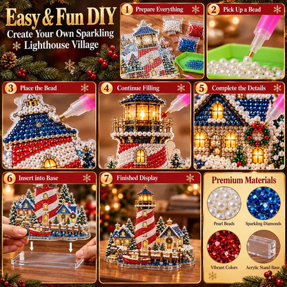 ✨ Premium Pearl Christmas Lighthouse Diamond Painting Art Kit | Luxury Flocked Canvas with Scratch-Resistant Non-Fading Pearl Beads DIY Holiday Decor 🎅⛄️❄️