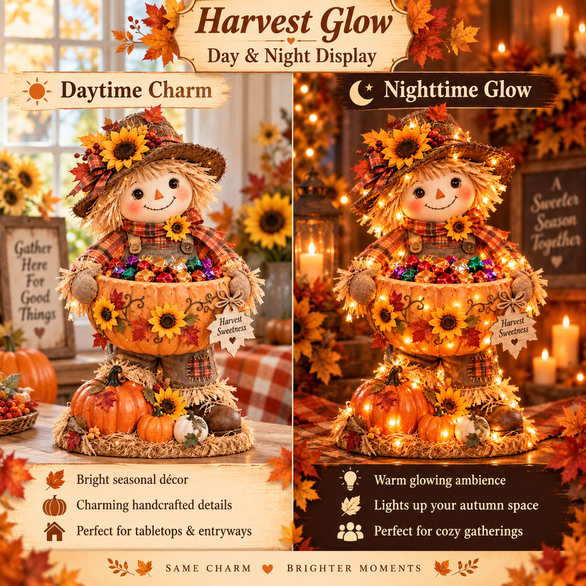 🍂 Harvest Glow™ – Lighted Scarecrow Candy Bowl