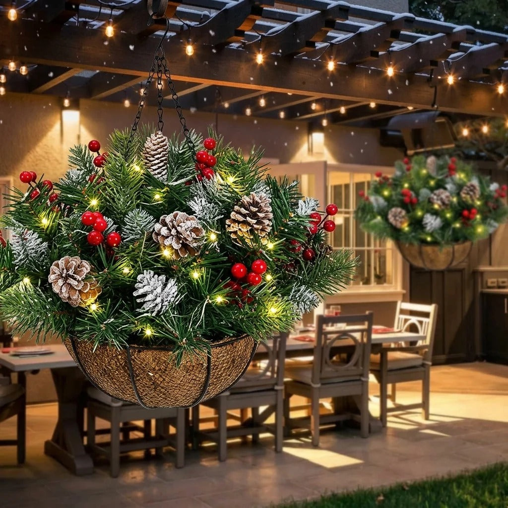 🏆 Pre-Lit Christmas Hanging Basket | Pre-lit, weather-resistant, and zero maintenance