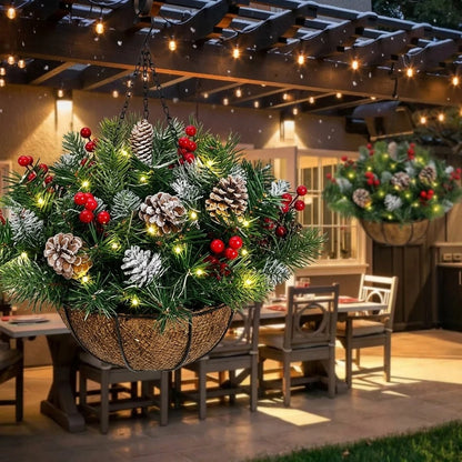 🏆 Pre-Lit Christmas Hanging Basket | Pre-lit, weather-resistant, and zero maintenance