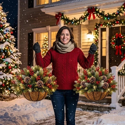 🏆 Pre-Lit Christmas Hanging Basket | Pre-lit, weather-resistant, and zero maintenance