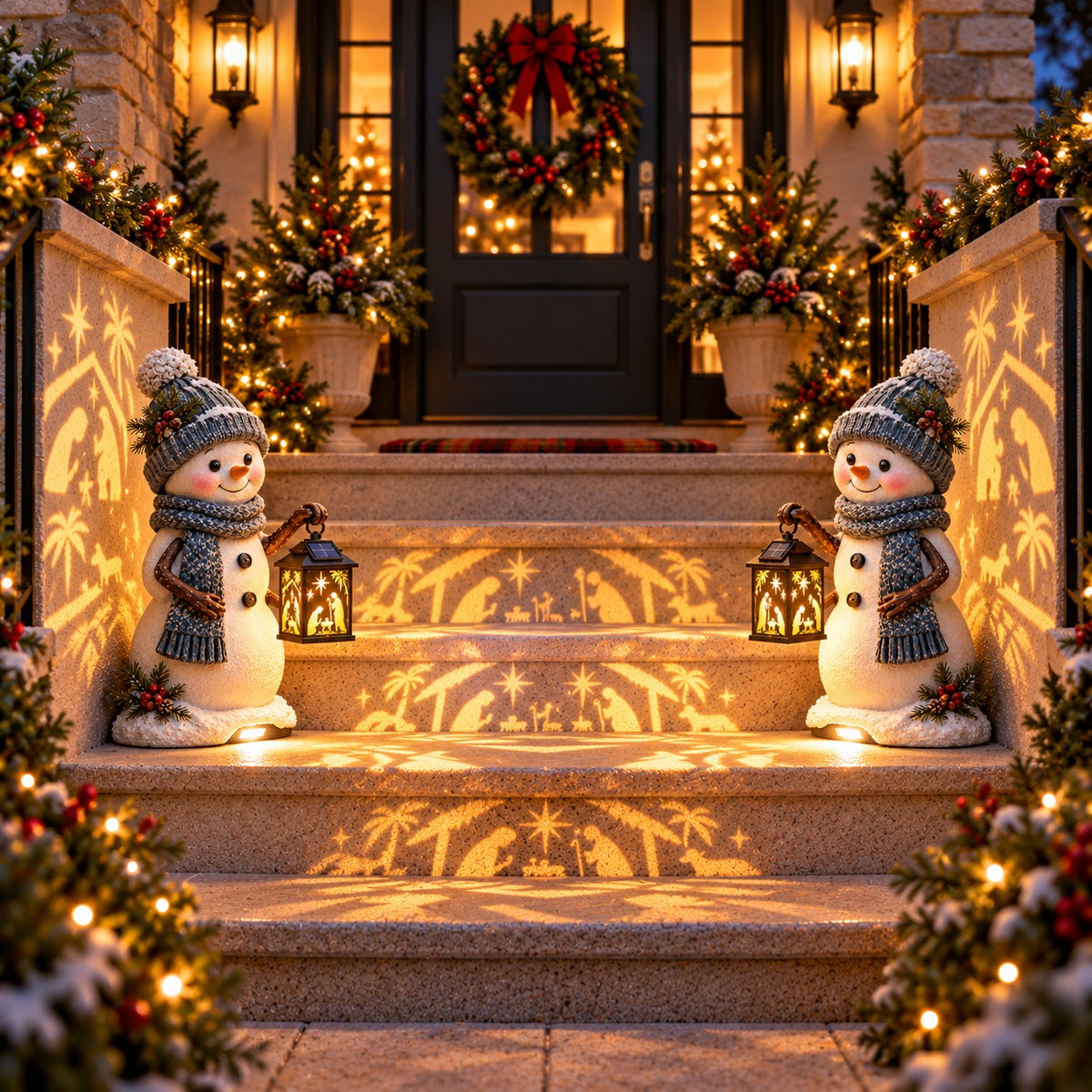 Snowman Nativity Lantern™ – Solar Christmas Porch Light with Holy Family Glow