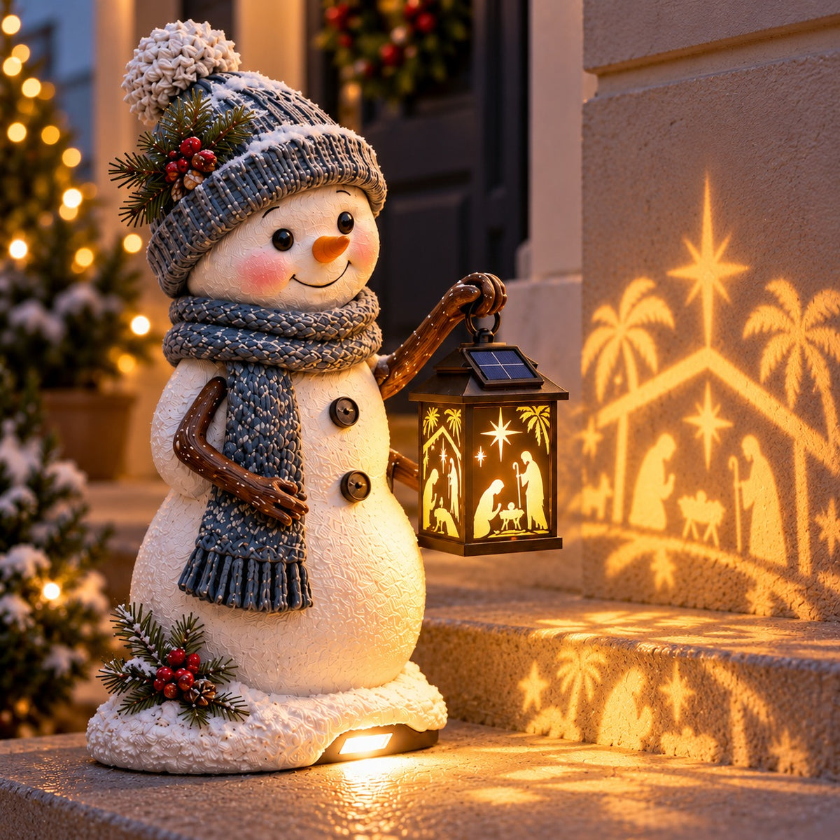 Snowman Nativity Lantern™ – Solar Christmas Porch Light with Holy Family Glow