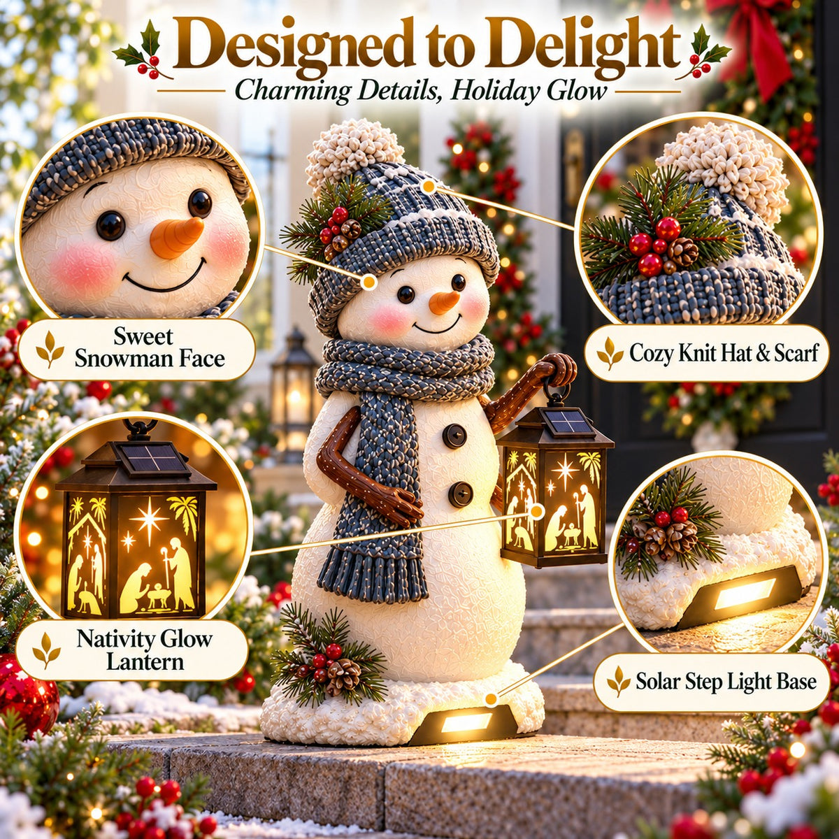 Snowman Nativity Lantern™ – Solar Christmas Porch Light with Holy Family Glow