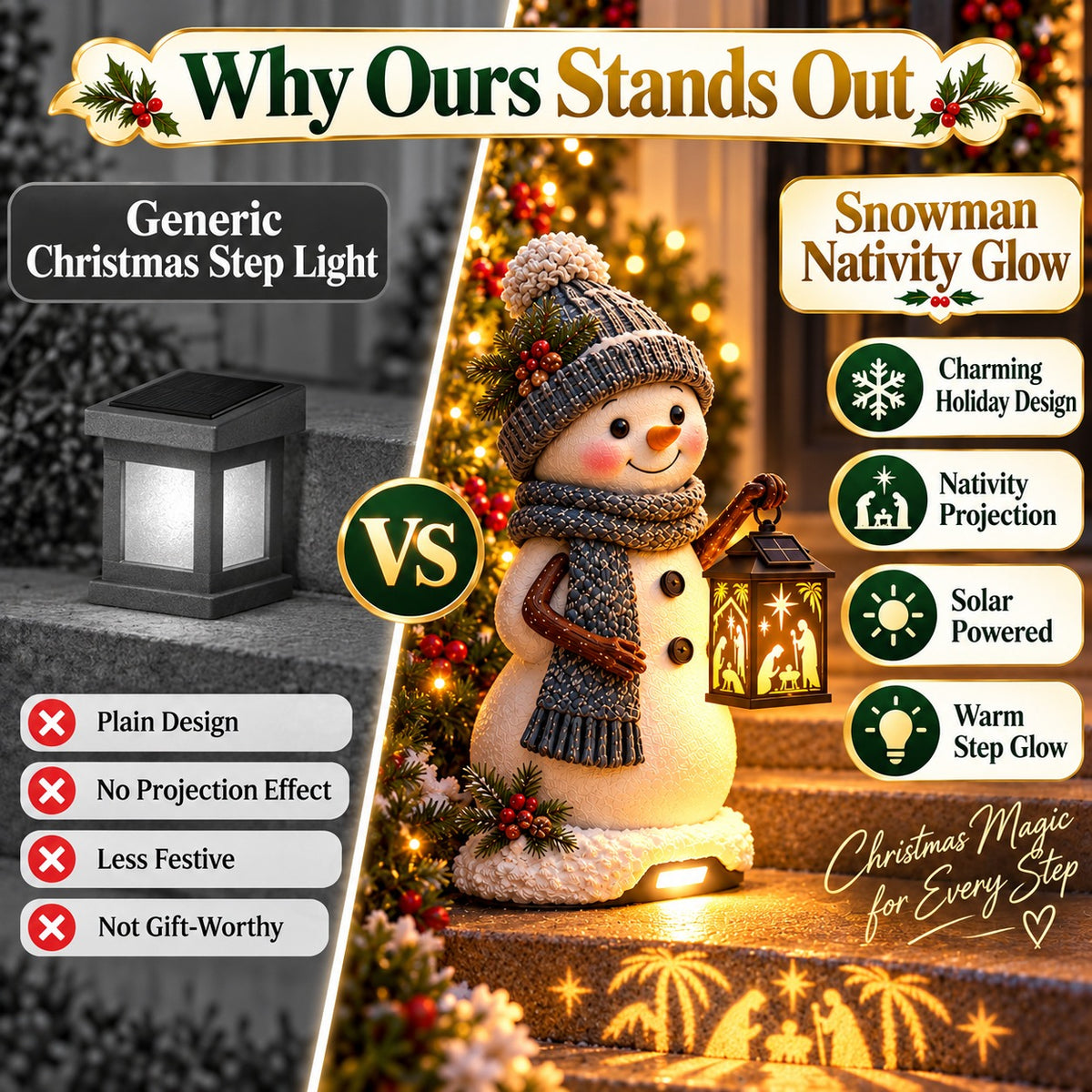 Snowman Nativity Lantern™ – Solar Christmas Porch Light with Holy Family Glow