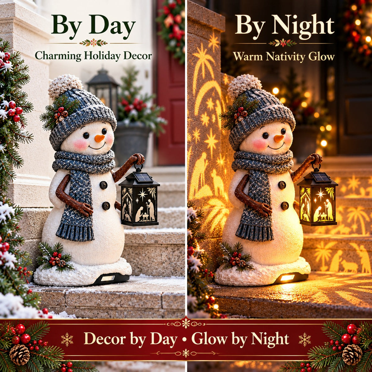Snowman Nativity Lantern™ – Solar Christmas Porch Light with Holy Family Glow