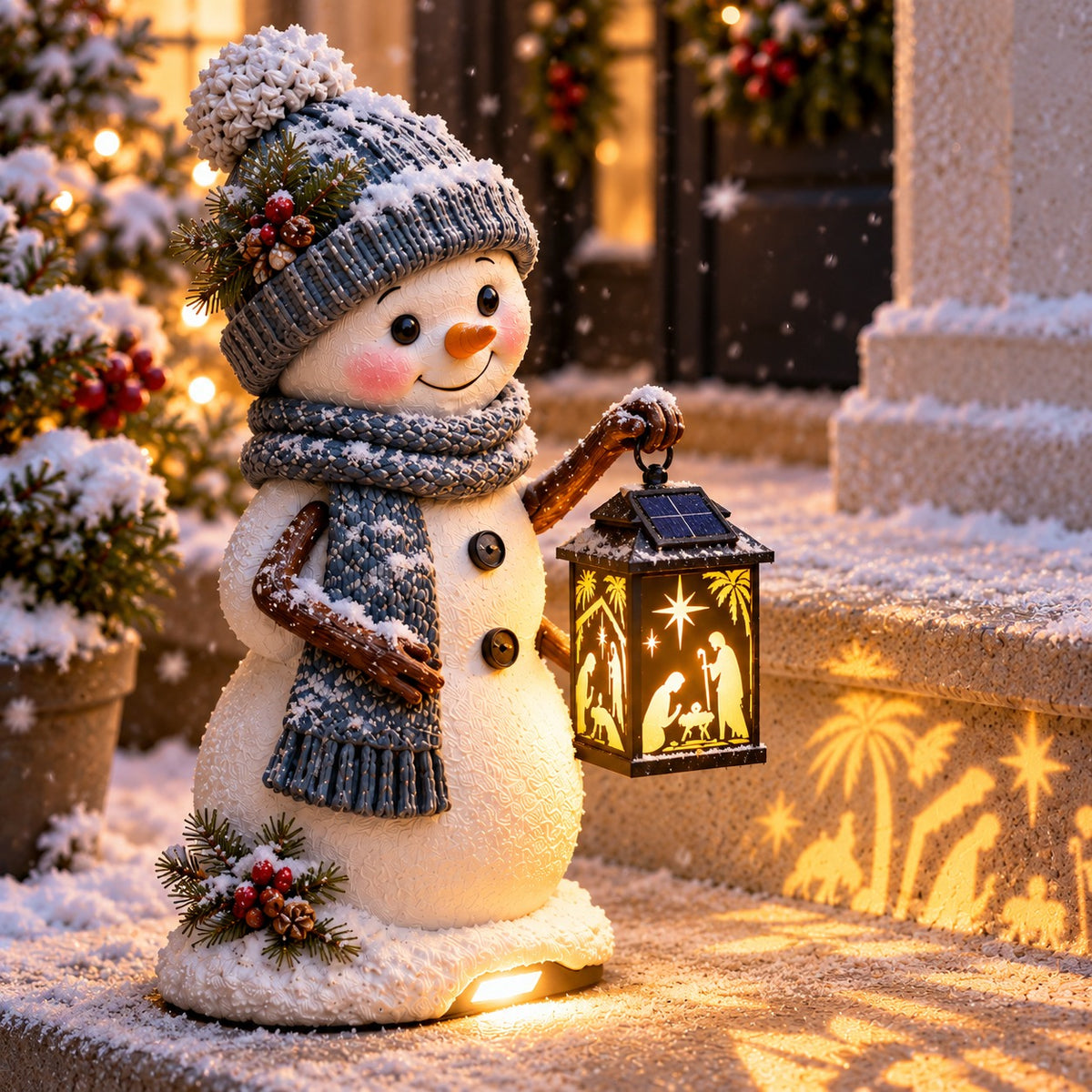 Snowman Nativity Lantern™ – Solar Christmas Porch Light with Holy Family Glow