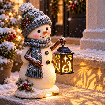 Snowman Nativity Lantern™ – Solar Christmas Porch Light with Holy Family Glow