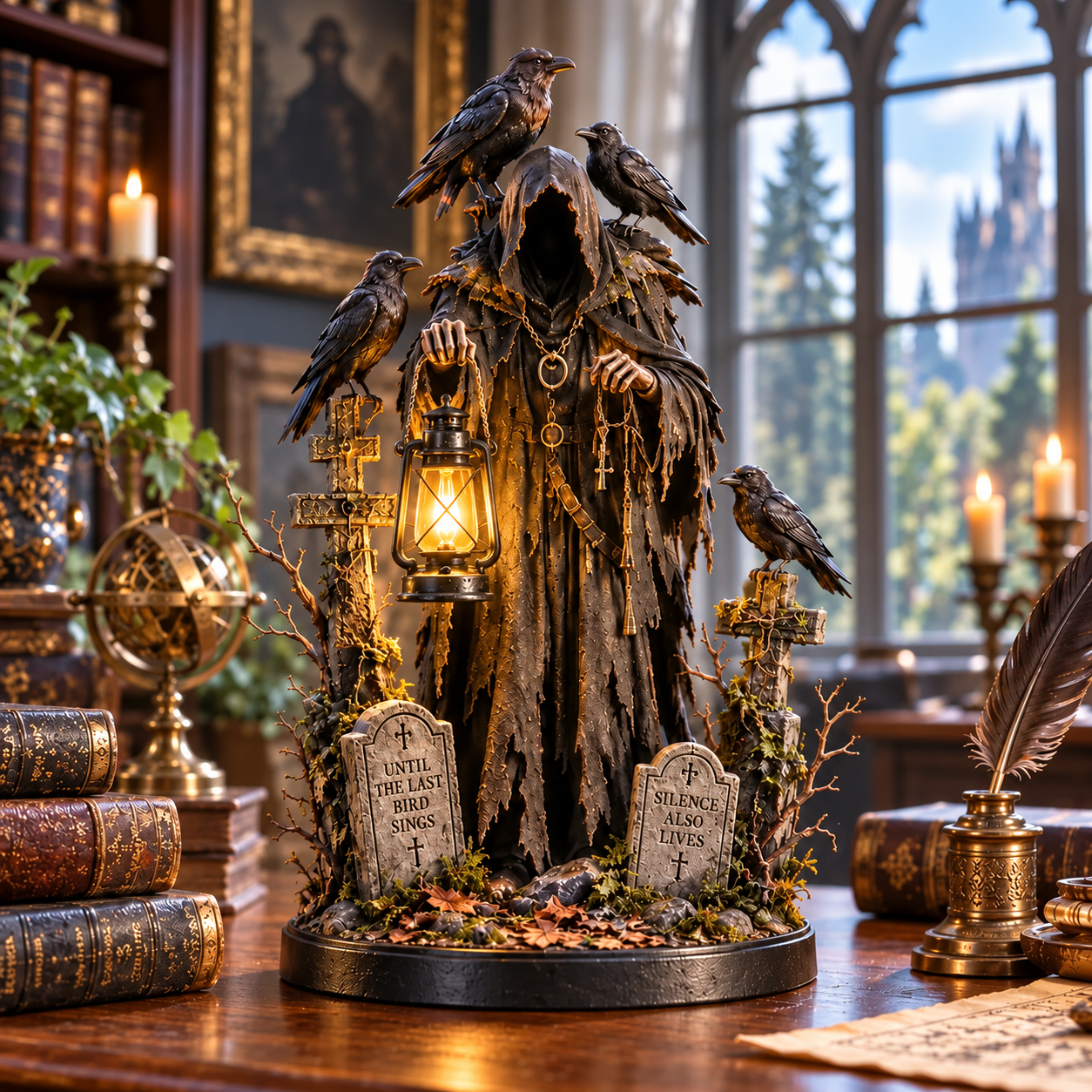 Raven guardian lantern statue styled with books and greenery in a window-side study