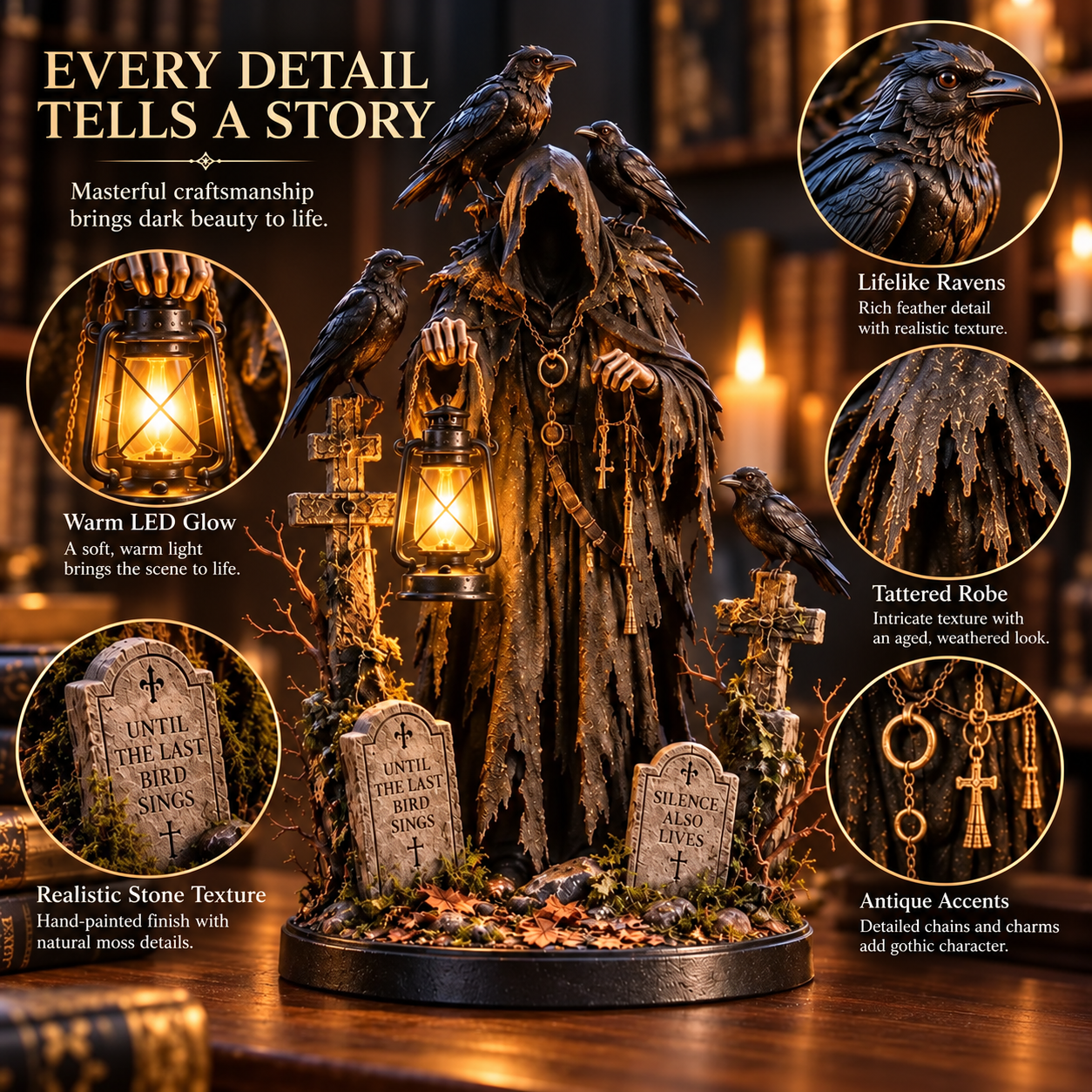 Close-up feature views of the lantern, raven feathers, weathered robe, gravestones and hanging chains
