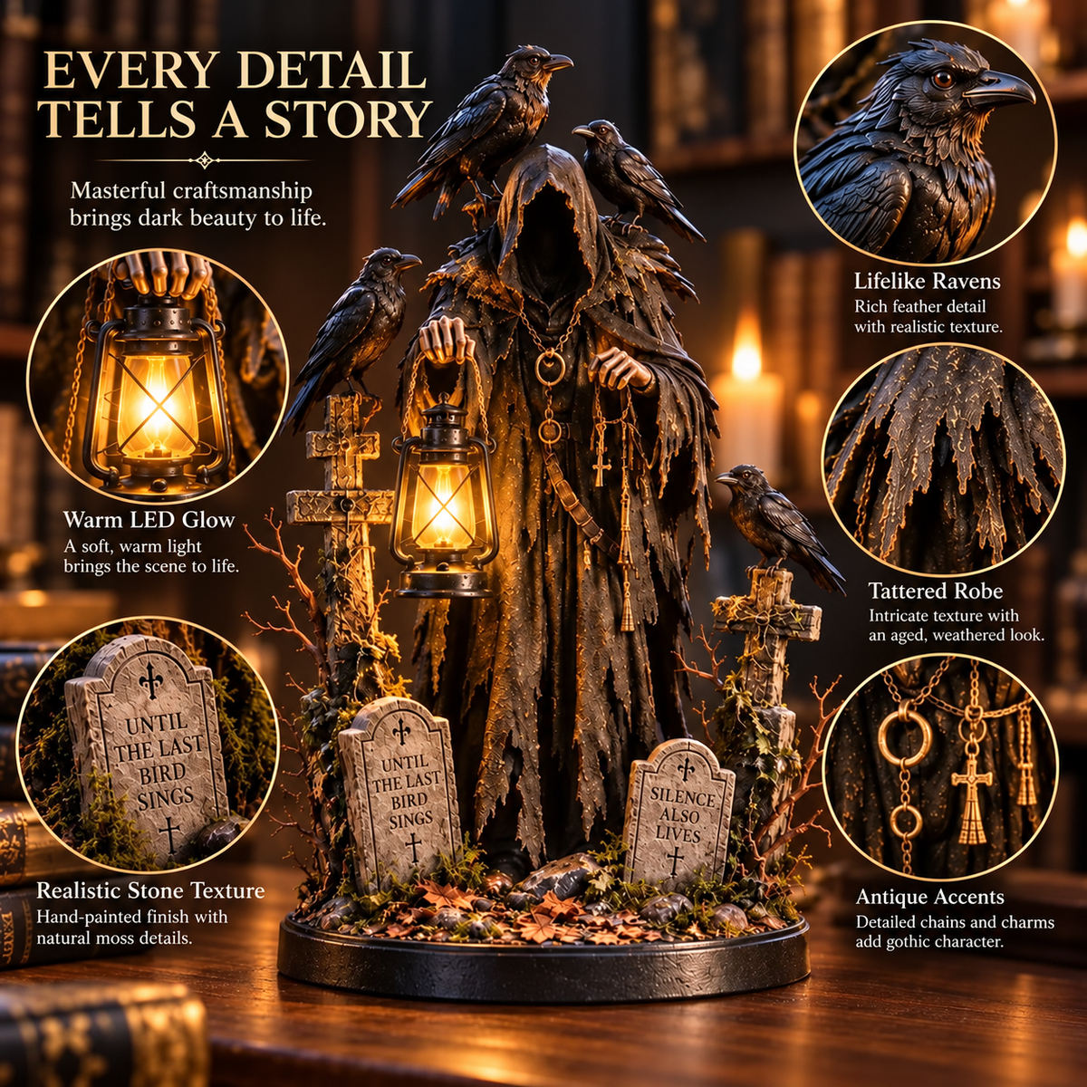 🐦‍⬛ Midnight Raven Guardian – Light-Up Gothic Lantern Statue